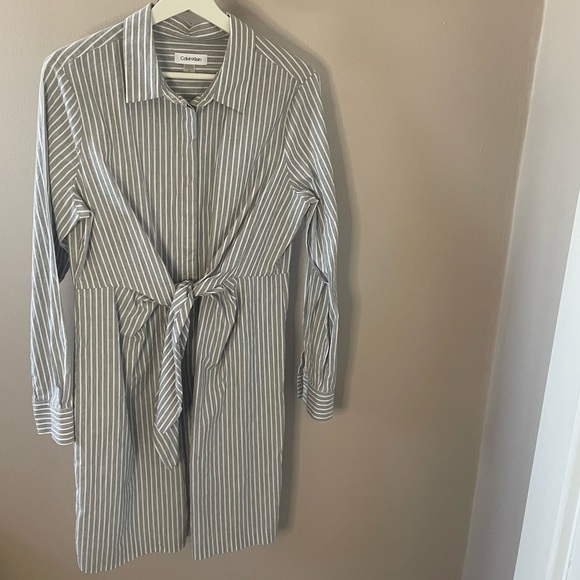 Calvin Klein Grey & White Striped Tie Front Button Down Shirt Dress Sz12 - Picture 1 of 3